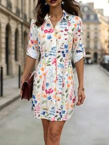 SHEIN Clasi 夏季度假女装时尚百搭通勤印花衬衫裙，夏季女装 - 白色 - 查看 3