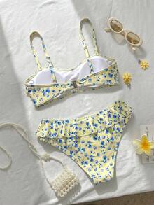 Swim Mod 女款碎花印花分體式比基尼泳衣套裝，甜美可愛小碎花 - 淡黃色 - 查看 2