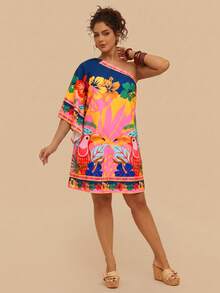 vachic Vestido casual elegante de manga corta con hombro asimétrico y estampado tropical de plantas, suelto, adecuado para salidas y vacaciones en primavera/verano, talla grande para mujeres - Multicolor 2 - Ver 11