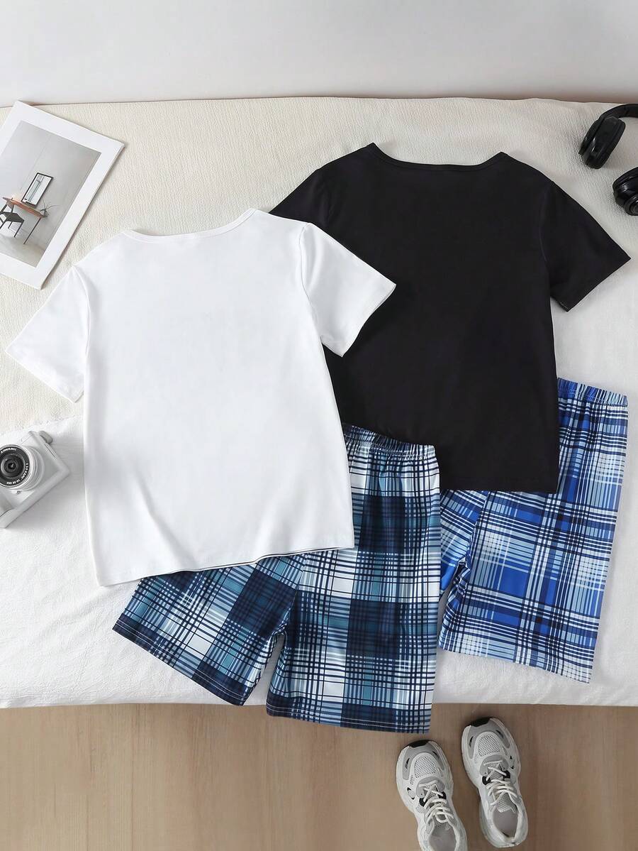 4件/2套男童休闲宽松舒适家居服,白色简约优雅字母和城市印花,格子图案,居家服最佳选择,时尚百搭 - 白色 - 查看 1