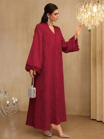 SHEIN Najma Đầm dài tay xòe cổ chữ V thanh lịch với họa tiết ruy băng jacquard và ren phối hợp dành cho nữ.