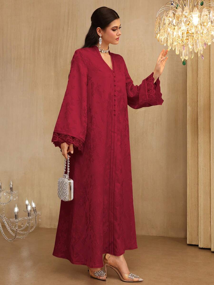 SHEIN Najma 女士V领优雅提花缎带蕾丝拼接长袖喇叭连衣裙 - 紅色 - 查看 1
