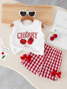 SHEIN Playful Pals 2件組幼女可愛夏季套裝 紅色與白色格紋短褲搭配櫻桃印花無袖背心 嬰兒女童度假海灘服飾套裝 - 紅色 - 查看 7