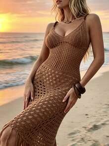 SHEIN Abito in maglia traforata con frange, con cinturini decorati con perline, stile sexy da vacanza, adatto per primavera/estate/autunno - Castano - Visualizzare 6