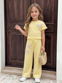 SHEIN Kids Young Girl Casual Vacation Elegant Striped Knit Starfish Decor Form-Fitting Shirred Short Sleeve Top And Matching Pants Set Striped Outfit Set Outfits Sets Yellow And White Outfit Set Striped Two Pieces Set Striped Pants Striped Top Young Girl Sets Young Girl Summer Outfits Young Pant Set Spring And Summer Striped Short Sleeve Suit - Yellow - View 13