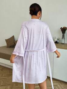 Napfluff CURVE Napfluff CURVE Bộ đồ ngủ áo choàng và áo hai dây ren nơ kẻ caro tím, tươi mát và thanh lịch. - Màu tím hoa cà - Xem 2