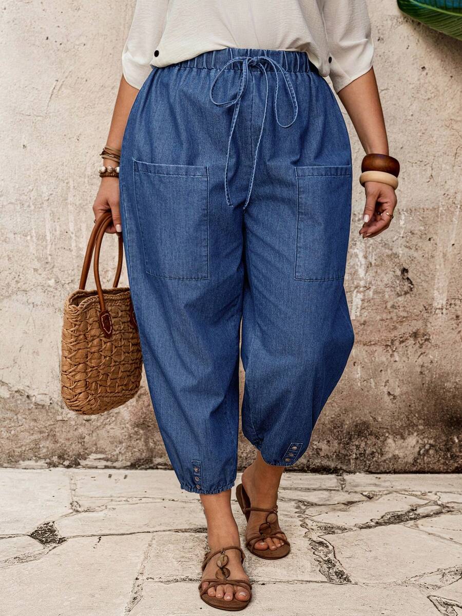 EMERY ROSE Mature Denim Plus Size Women Belted Pocket Design Tapered 3/4 Length Jeans - Medium Wash - View 1