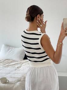 Siren Gaze Women's Black And White Striped V-Neck Single-Breasted Knit Vest,Summer Paris Brunch Style,Minimalist Sleeveless Sweater Cardigan With Pocket,Office - Black and White - View 2