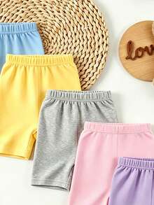 SHEIN Playful Pals 5件套百搭纯色短裤，适合6个月至2-3岁女婴，轻便休闲，适合春、夏、秋季日常外出、上学及休闲活动。 - 彩色 - 查看 4