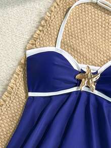 SHEIN Tween Girls Minimalist Navy And White Contrast Spaghetti Strap Bikini Set,Summer Tropical Holiday Pool Party Vacation Holiday Two Pieces Swimsuits - Multicolor - View 3