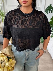 SHEIN EZwear 大码女式黑色休闲刺绣透视性感T恤 - 黑色 - 查看 3