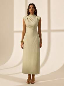 SHEIN Tall Đầm dài dự tiệc thanh lịch màu trơn dành cho nữ, cổ xếp ly, eo thắt gọn. - Màu be - Xem 4
