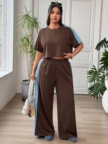SHEIN EZwear 大码女式撞色圆领上衣和裤子休闲两件套 - 棕色 - 查看 1