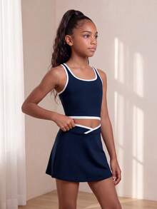 SHEIN Conjunto activo azul marino para niñas preadolescentes - Conjunto de top de tirantes y falda con diseño de color contrastante, tela suave y de gran elasticidad para fitness, tenis, trotar y deportes - Azul Marino - Ver 4