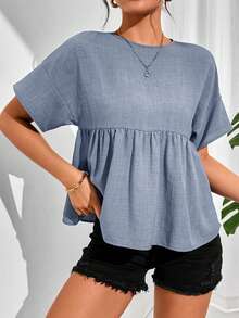 SHEIN Essnce 女士纯色简约纹理度假衬衫 - 霧霾藍 - 查看 3