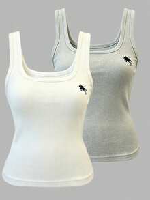 Resyla Women's Summer Casual Knight Embroidered Elastic Fitted Tank Top 2 Pieces Set Gym White Grey - Light Grey - View 3