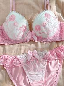 CottageSlumber Women's Floral Embroidery Lace Fashion Lingerie Set - Pink - View 7