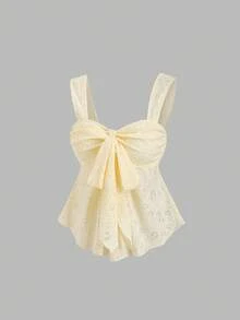 Sweetra New Spring/Summer Wide Strap Bow Textured Fabric Top, Sweet & Fashionable, Suitable For Daily Wear - Yellow - View 1