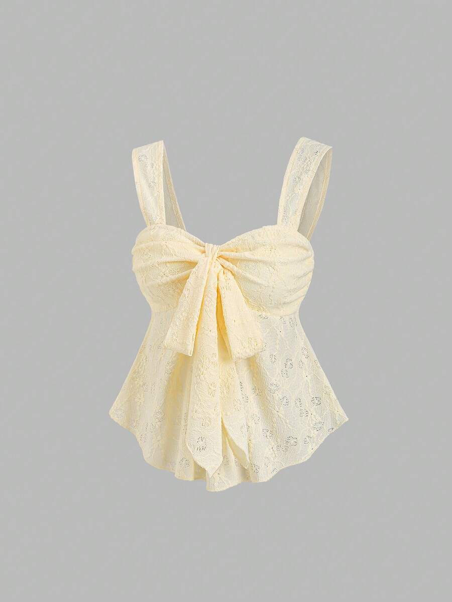 Sweetra New Spring/Summer Wide Strap Bow Textured Fabric Top, Sweet & Fashionable, Suitable For Daily Wear - Yellow - View 1