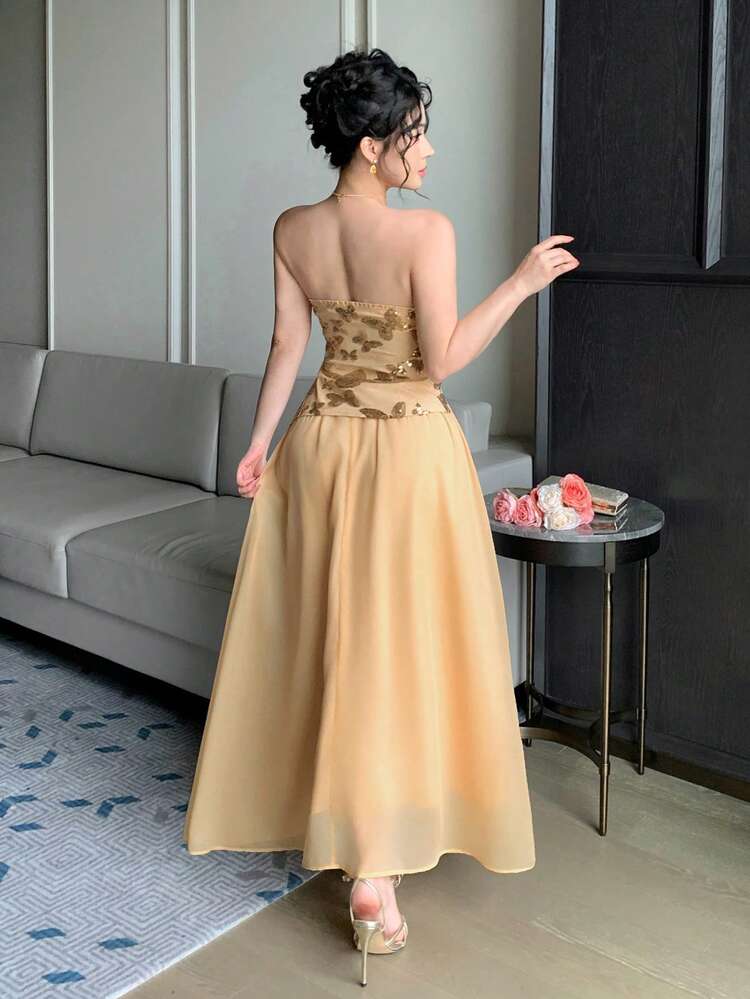 Gold Butterfly Sequin Bustier Top & Flared Skirt 2 Pieces Set, Fashionable For Spring & Summer