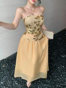 DAZY 金色蝴蝶亮片抹胸上衣和喇叭裙两件套，春夏时尚单品 - 金色 - 查看 6