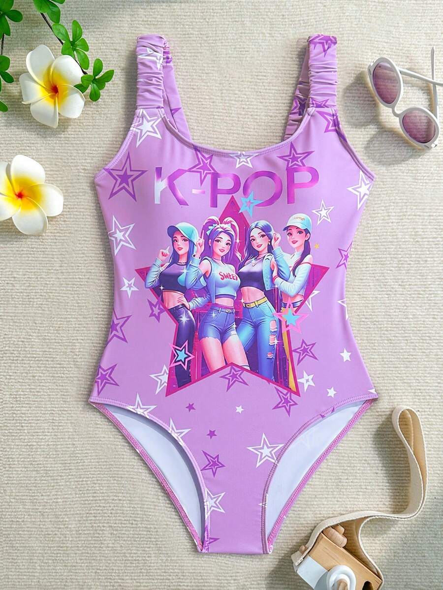 SHEIN 少女字母星星卡通女孩团体印花弹力宽肩带连体泳衣，适合度假、海滩、泳池、水上运动 - 彩色 - 查看 1