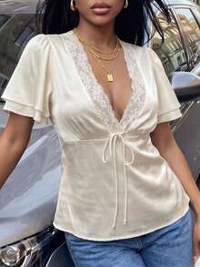 Slaydiva Blusa de satén champán con recortes de encaje, elegante y casual, de estilo de calle y de moda para ir al trabajo - Champán - Ver 4