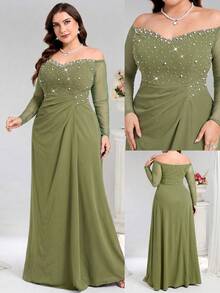 Coutiva Plus Size Beaded Off-Shoulder Formal Evening Gown - Olive Green - View 5