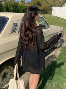 DAZY Women's Summer Vacation Solid Color Loose Long Sleeve Cover-Up Dress Beach - Black - View 2