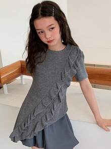 Dazy Kids Bộ áo thun cổ tròn thiết kế bất đối xứng dành cho bé gái (cỡ lớn). - Xám - Xem 2