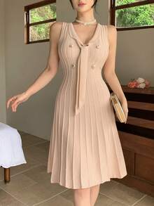DAZY 女士优雅纯色无袖针织连衣裙 - 米色 - 查看 8