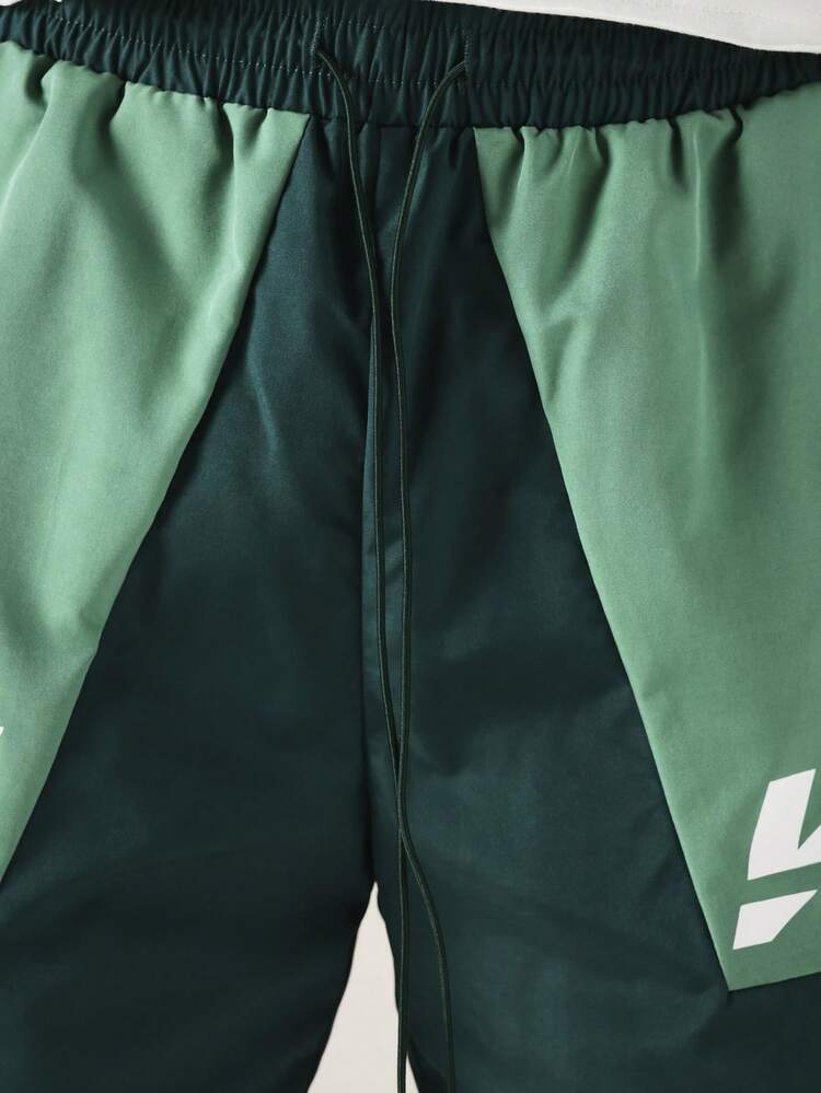 Shorts de baño con bloques de color y estampado de logo, con cordón en la cintura, para verano, playa y vacaciones