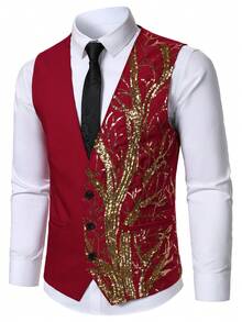 Men's Shiny Sequin Glitter Formal Vest For Performance/Evening Wear - Burgundy - View 3