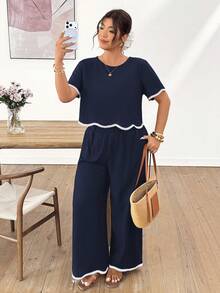 Lounesse Plus Size Casual Vacation Woven Trim Top And Pants 2 Pieces Set - Navy Blue - View 4