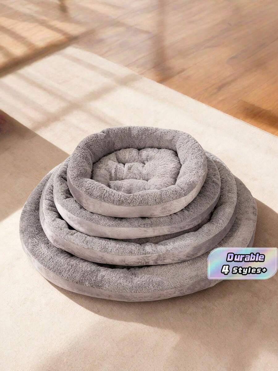 1 chiếc đệm ngủ tròn bằng vải nhung mềm mại dành cho thú cưng nhỏ/vừa, dày dặn, ấm áp, màu xám đậm, đệm ngủ mềm mại cho mèo/chó. - Màu xám đen - Xem 1