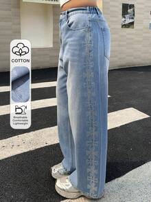 Dazy Plus Damen Loose Fit Jeans in verwaschenem Denim mit Schleife und Strass-Seitennaht-Dekor in Große Größen, geeignet für alle Jahreszeiten - Mittele Waschung - Übersicht 1