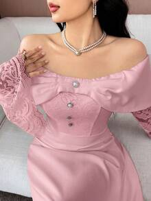 Feyla 女士优雅纯色蕾丝拼接露肩喇叭袖连衣裙 - 粉色 - 查看 4