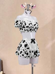 Fantasy Costume Fantasy Costume Bộ 5 món gồm váy ngắn chữ A trễ vai phối ren tương phản, chất liệu giả da sữa gợi cảm, kèm nơ, thích hợp cho cosplay. - Đen và trắng - Xem 10