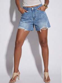 Normani Women's Blue Ripped Shorts, Low-Rise Casual Shorts, Perfect For Summer Casual Wear, Versatile Shorts. Light Blue Jeans Short Vacation - Light Wash - View 2