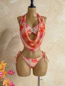 Soleia Orange Digital Print Bikini Set, Includes Bikini Top And Sheer Sarong Skirt, Sexy - Multicolor - View 8