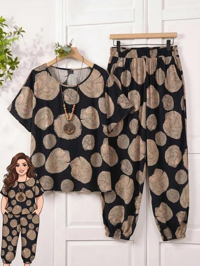 Rusticease Conjunto de 2 piezas de talla grande de verano informal con parte superior de manga corta y cuello redondo con estampado total y pantalones con cordón