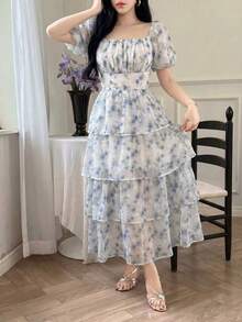 Modelyn 浅蓝色镂空扎染花朵花瓣袖优雅度假中长连衣裙 - 淺藍色 - 查看 5