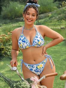 Swim Mod Bộ bikini 3 mảnh gợi cảm mùa xuân/hè 2026 mới về, in kỹ thuật số, có đệm mút rời, dây buộc nơ phía sau, quần tam giác viền ren thanh lịch, phong cách nghỉ dưỡng thường ngày. - Nhiều màu - Xem 4