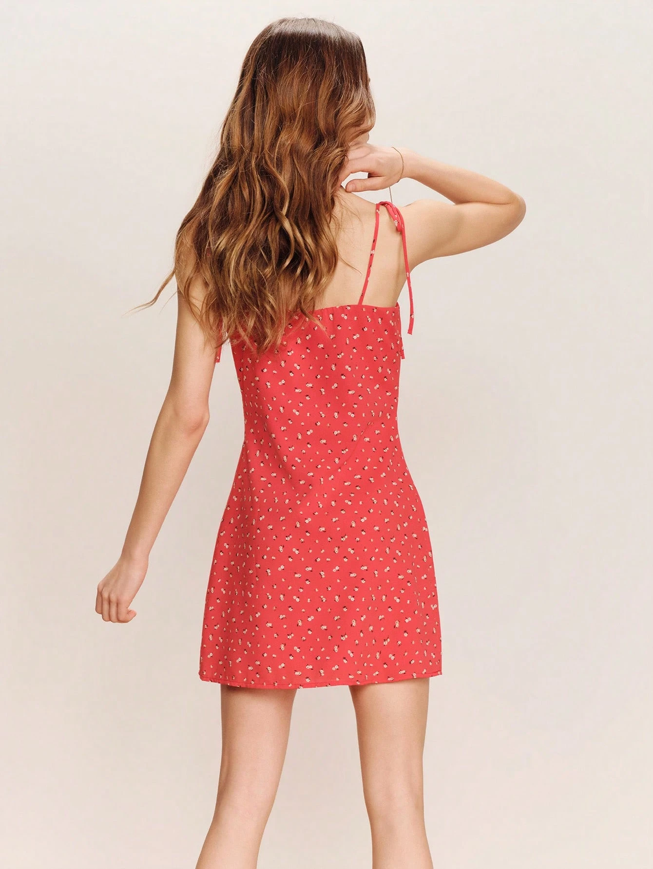 Red Floral Print Semi-Fitted Mini Dress With Thin Tie Straps And A Straight Neckline Cute Summer Dress French Style Casual Holiday Dress Red Flower Dress