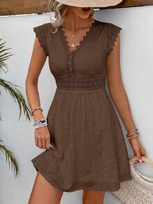 SHEIN Frenchy Women's Solid Color V-Neck Ruched Casual Party Dress,Dresses For Women Summer - Coffee Brown - View 5