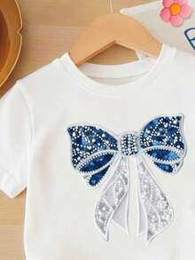 Baby Girl Casual Round Neck Short Sleeve T-Shirt And Leggings Set, Suitable For Spring And Summer - Multicolor - View 3
