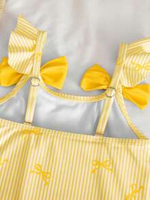 Emery Rose Kids Emery Rose Kids 女童蝴蝶结条纹印花荷叶袖连体泳衣，带罩裙 - 黃色 - 查看 9