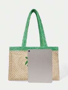 SHECARRY Ladies, Women Shoulder Bag, Straw Bag, Straw Woven Bag, Coconut Tree Embroidery Pattern, Fashionable, Elegant, Simple, Personalized, Versatile, For Beach, Vacation, Holiday, Summer, Seaside, Beach Party - Beige - View 6
