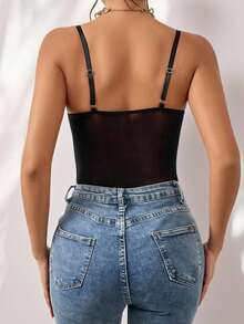 SHEIN Glamour 性感纯色蕾丝拼接连体衣，夏季 - 黑色 - 查看 2
