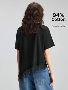 Ontre 2026SS 新款蕾絲拼接女款上衣，寬鬆版型，純黑色 T-shirt，極簡優雅都市現代分線圓領層次設計，女款休閒穿搭，度假、老錢風、茶會、約會、浪漫度假上衣，婚禮賓客服裝，辦公穿搭，教師，返校時尚，百搭女款上衣 - 黑色 - 查看 7